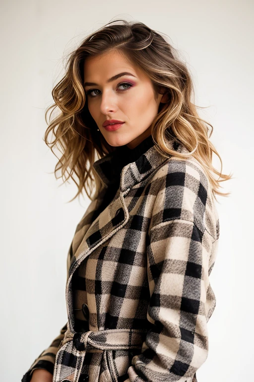 plaid trench coat with a turtleneck sweater dress a breathtaking Digital fashion photography:1.3 of  a woman <lora:JaneDarling_V1:1>, styled blonde big curl wavy hair, , black eyeliner, subtle make up, glossy lips, looking at the viewer,  fill lighting, atmospheric, (simple white background), High dynamic range, vivid, rich details, realistic, intense, enhanced contrast, highly detailed, 8k, 35mm prime lens, award-winning, professional,