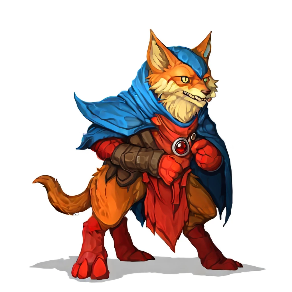 blonde hair, crack, sly expression, fox from league of legends chibi, tiger,  red scarf, cloak with hood,  concept art, gloves, colored sclera, teeth, orange fur, barefoot, blue sky, abs