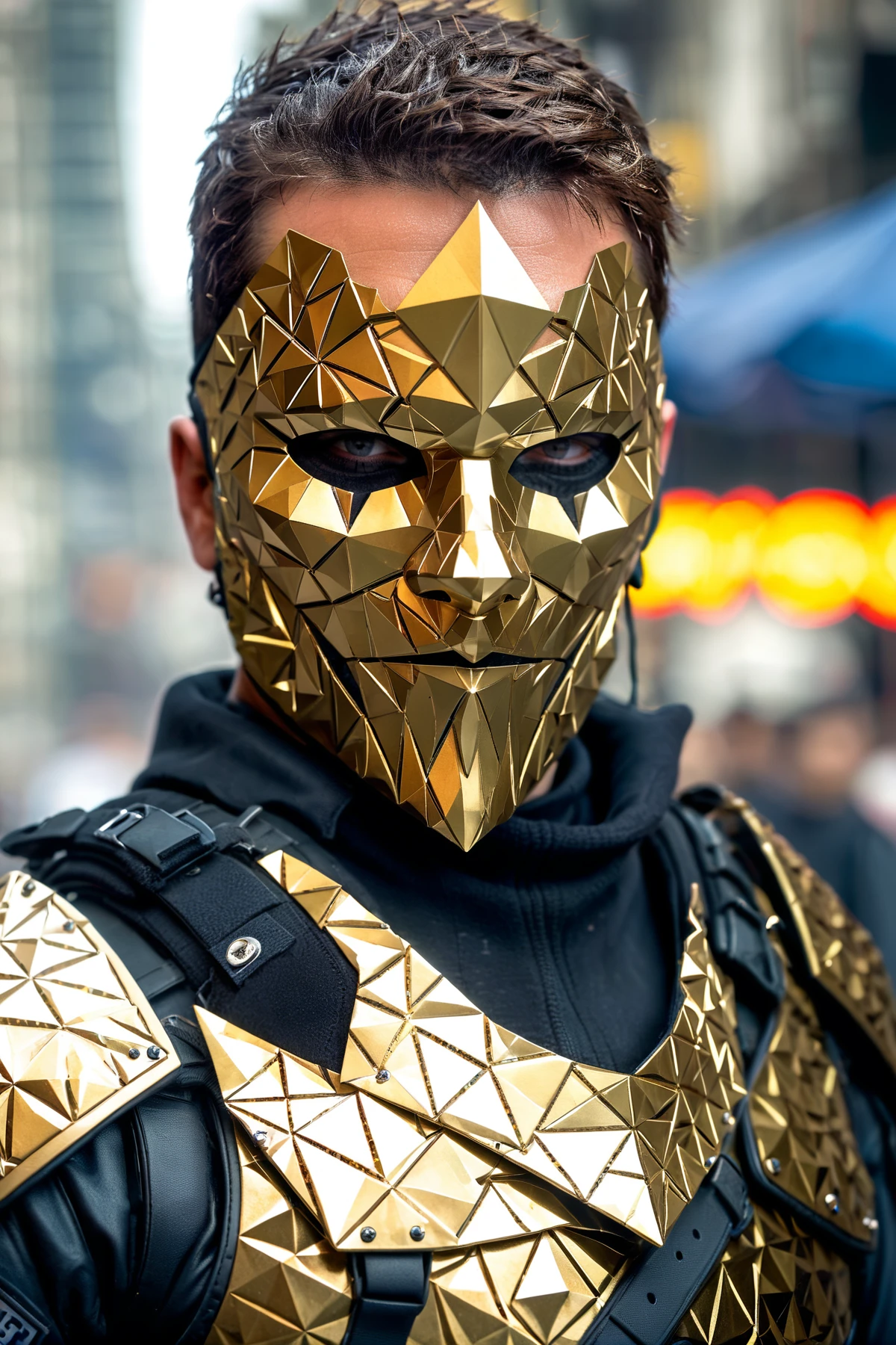 raw photography, dxhr style <lora:dxhr_v2_sdxl:1>, male police officer, detailed wavy short hair, standing on the street, (wearing [dull sheen golden::0.5] faceted full face holographic faceplate armor mask blindfold), opulent riot gear with metallic fractal intricate sierpinski triangle pattern armor, obscured face, no eyes, overcast, professional hdr photography, police text, towards camera, sharp focus, shallow depth of field, daytime, shimmering metal