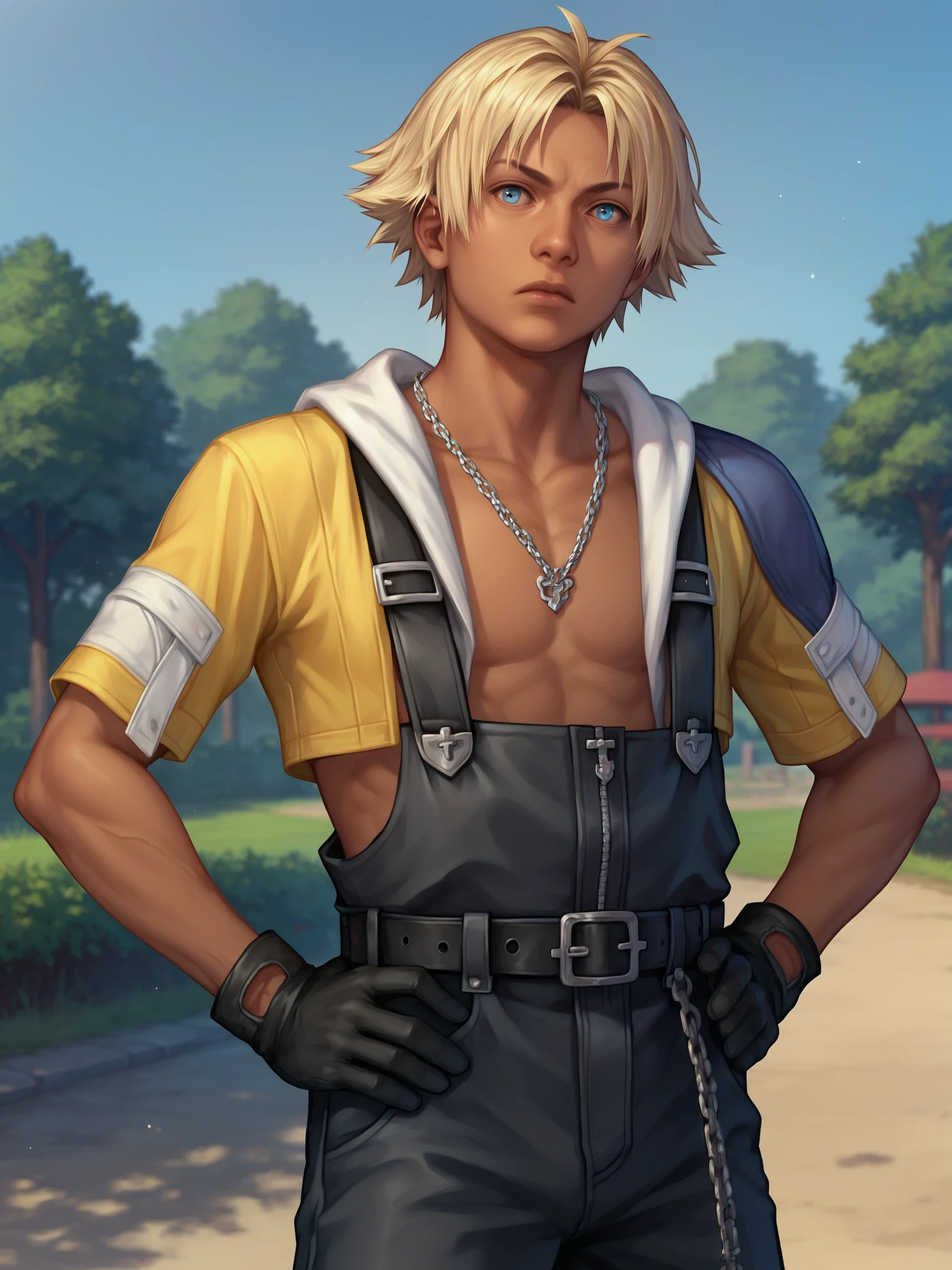 TidusFFX, 1boy, solo, blonde hair, dark hair roots, blue eyes, tan skin, open clothes, shorts, gloves, necklace, overalls, belt, chain, realistic, outdoors, confused, hands on hips, head tilt,
score_9, score_8_up, score_7_up, masterpiece,