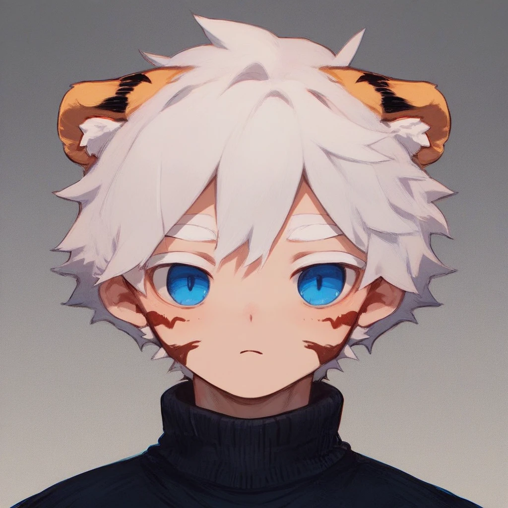 score_9, score_8_up, score_7_up, score_6_up, milkytiger, tiger ears, tiger boy, white eyebrows, blue eyes, 1boy, solo, black sweater, upper body