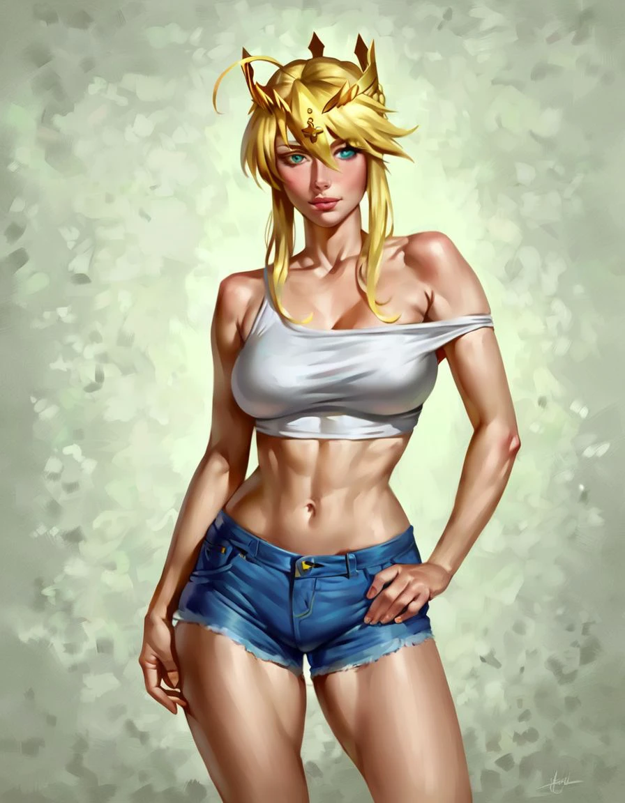 score_9, pinup, artoria pendragon \(lancer\) \(fate\), 1girl, standing, solo, crop top, tank top, shorts, denim shorts, elvgren, fwillis, realistic, painterly, contrapposto, <lora:pinup_pony:0.6>
