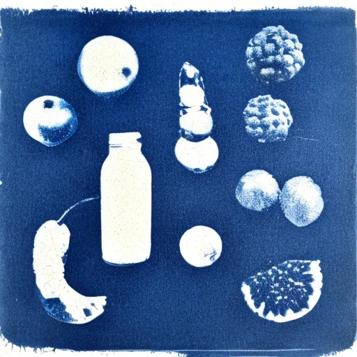 cyanotype, a cyanotype of a refrigerator with fruits  <lora:Cyanotype_V3-03:1>