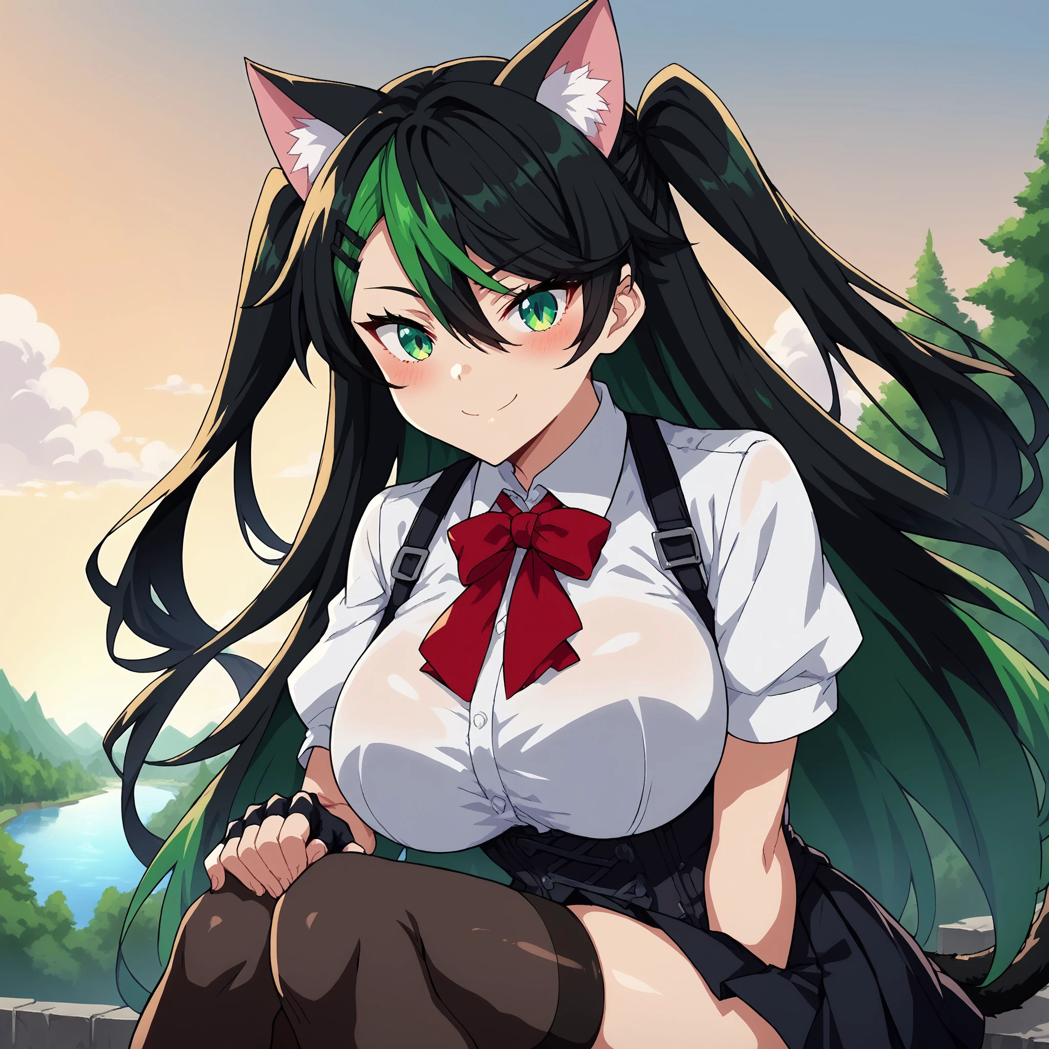 (sitting on hill overlooking city at sunset, lend flare, skyscrapers, river, trees, smile, arm on knee, 1girl, solo, blushing, cat ears, cat tail, huge breasts, green eyes, very long hair, hair clips, swept bangs, hair between eyes, (sidelocks), ((black hair)), (streaked hair, green hair streaks), (green tipped cat ears), (two side up, black pleated skirt, black skirt, blouse, red tie, short sleeves, white shirt, black corset, red ribbons, black thighhighs, fingerless gloves, skindentation), (score_9, score_8_up, score_7_up, score_6_up, score_5_up, score_4_up, source_anime), anime screencap, <lora:65cd618c-a9e0-4837-9c63-5ed3045c9874:1.0>