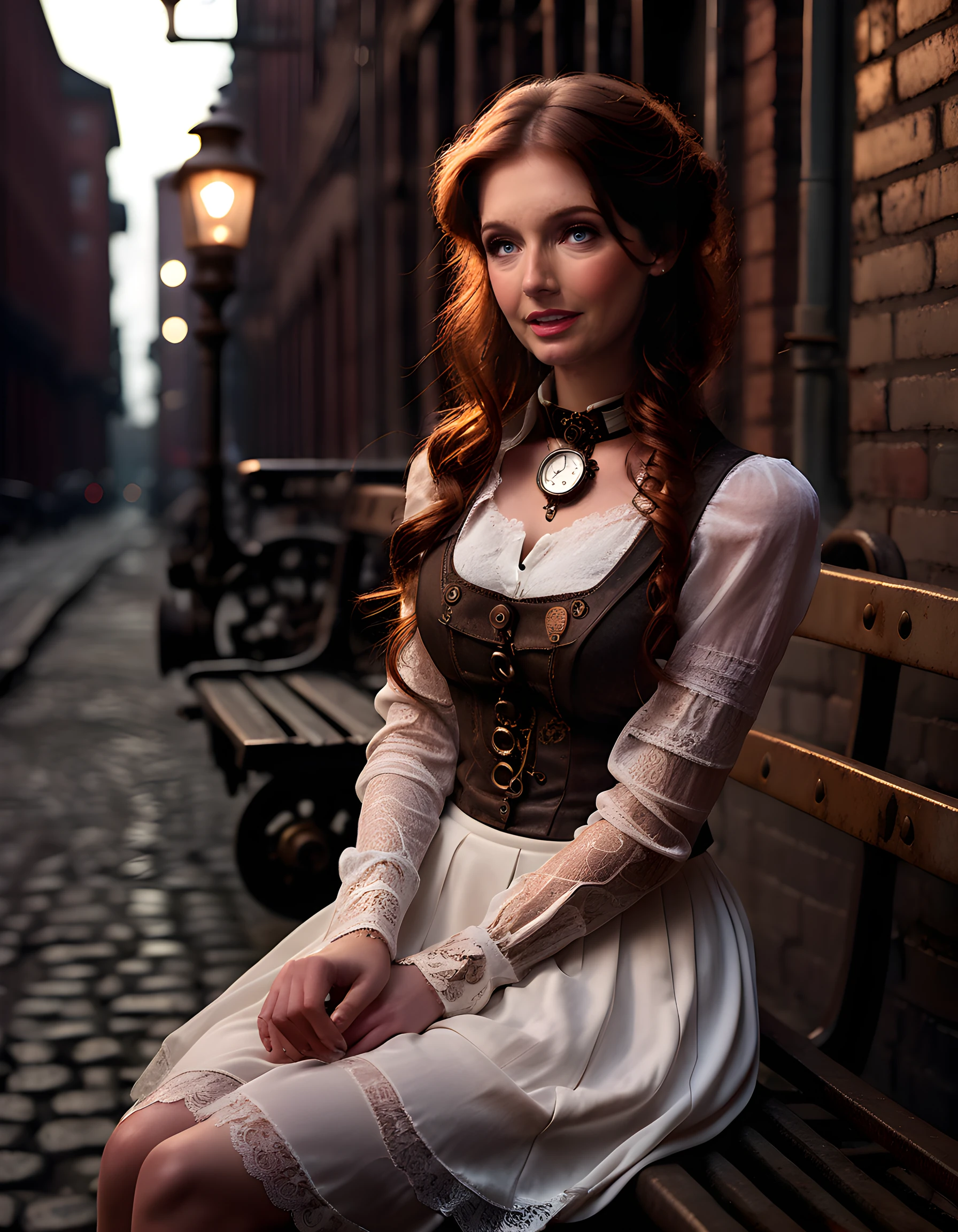 In a steampunk-inspired, dimly lit, cobblestone alleyway of an industrial city at dusk, the camera captures Melanie Marie from a low angle, her delicate, steampunk-styled clockwork gears adorning her long, cascading chestnut hair, as she sits on a rusted iron bench, dressed in a pristine white skirt accentuated by intricate copper details and a lace blouse with hidden clockwork mechanisms. Her closed mouth exudes an air of quiet contemplation, her crossed legs suggest a sense of calm determination, while the soft glow of a nearby gas lamp casts a warm, ethereal light upon her face, highlighting the determined set of her jaw and the subtle, intricate tattoos that wind their way up her arms. The image exudes an atmosphere of mystery, resilience, and timeless beauty amidst the gritty, mechanical cityscape.