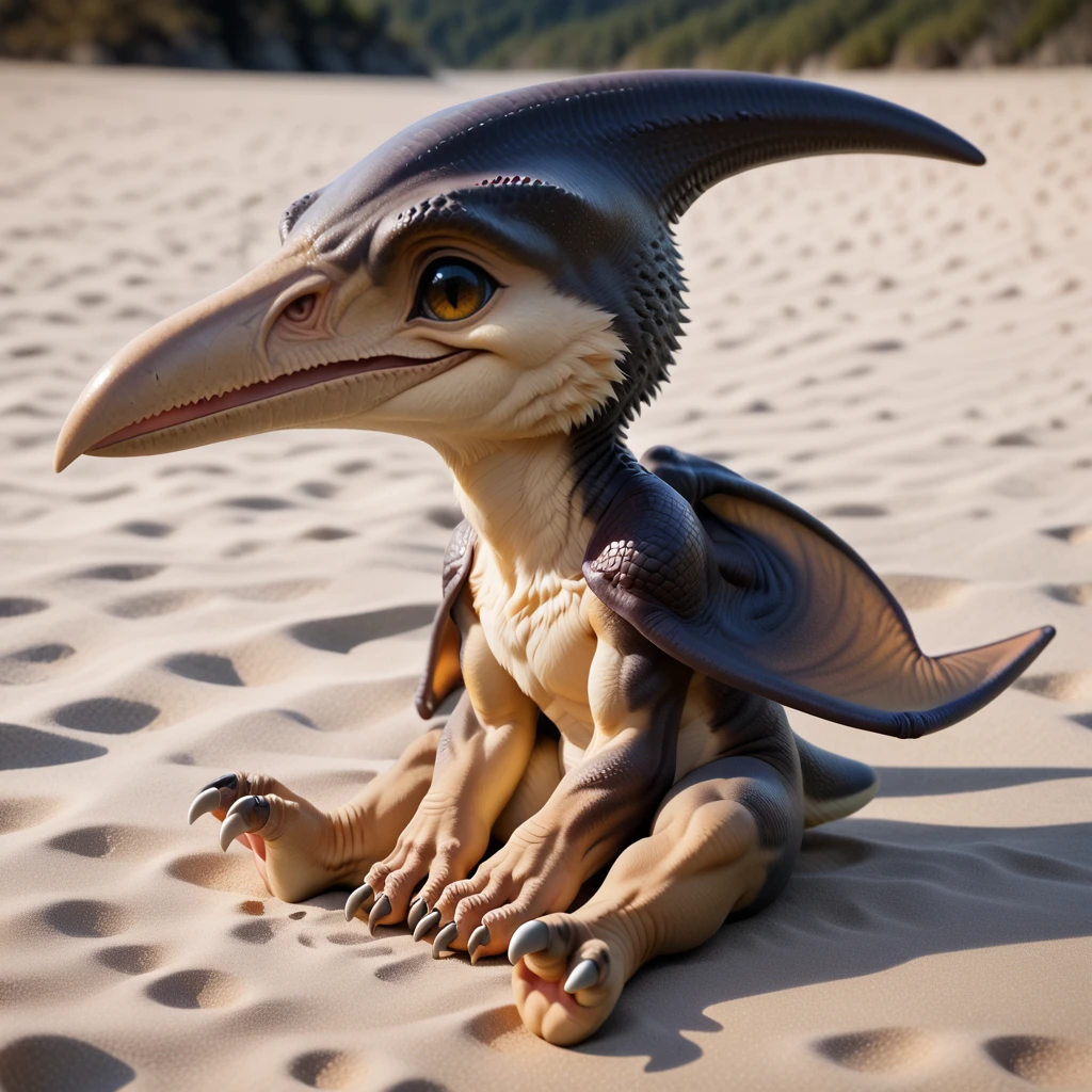 score_9, score_8_up, score_7_up, score_6_up, score_5_up, score_4_up, source_furry, digital media \(artwork\),  young pterosaur, winged arms, head crest, chibi, cute, sitting in sand, tail, fur, smiling, professional artwork, masterful technique, 8k resolution, (Masterpiece,hyperdetailed,bestquality), <lora:Pterosaurs-000012-small:1>