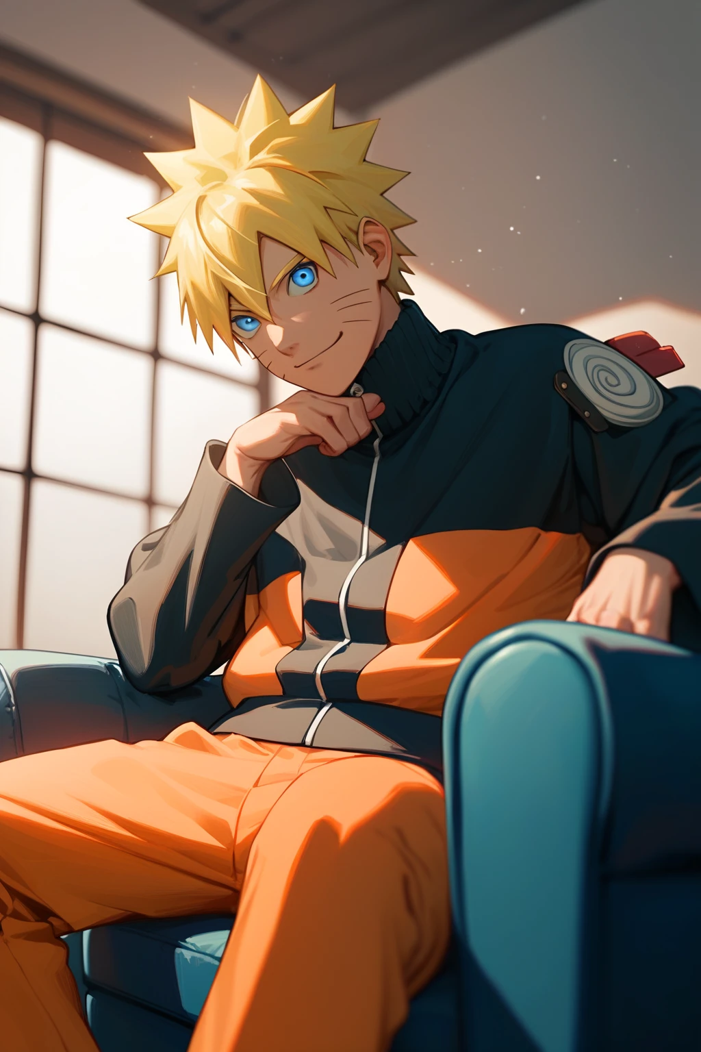 score_9, score_8_up, score_7_up, source_anime, detailed, novel illustration, wallpaper, beautiful details, semi_realistic, naruto uzumaki, 1boy, solo, male focus, blue eyes, glowing, whisker markings, blonde hair, short hair, spiked hair, jacket, orange pants, smile, closed mouth, looking at viewer, sitting on armchair, indoors,