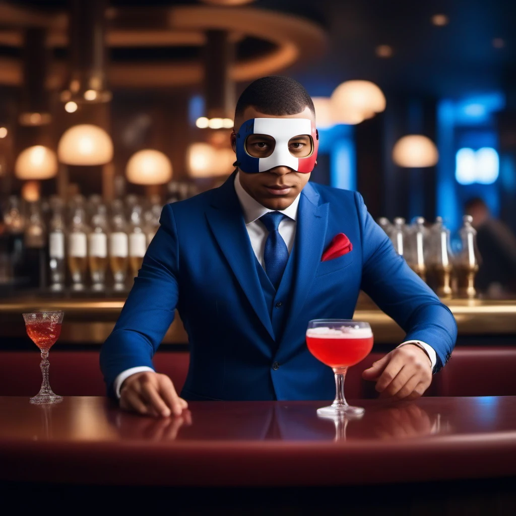 cinematic photo a full body portrait man wears a blue white and red mask and a suit, having a cocktail in a luxurious bar  <lora:MaskedMbappe1024:0.8> . 35mm photograph, film, bokeh, professional, 4k, highly detailed