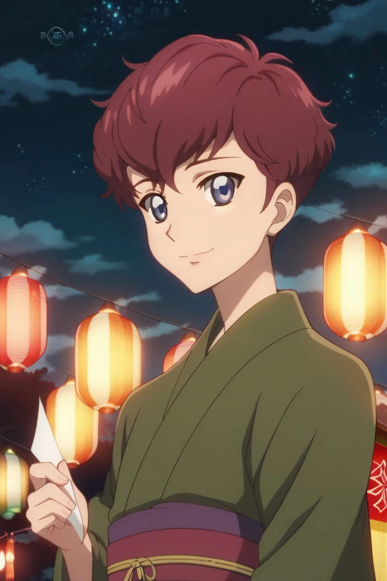 score_9, score_8_up, score_7_up, masterpiece, best quality, amazing quality, best aesthetic, ,absurdres,intricate details,male focus, solo
tsubasa sena, brown hair, blue eyes, japanese clothes, green yukata, 1boy, male focus, solo, sky, night, looking at viewer, lantern, outdoors, kimono, star (sky), upper body, night sky, smile, starry sky, short hair, green kimono, paper lantern<lora:EMS-420060-EMS:1.000000>