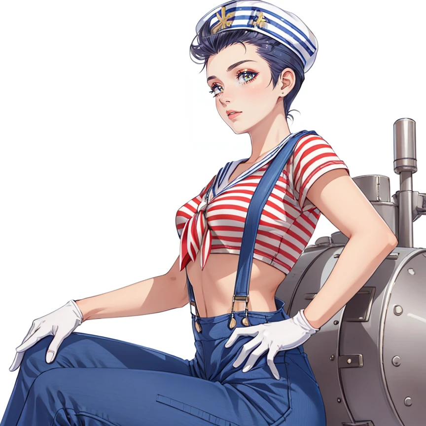 1girl, solo, (Tapered Sides with Textured Quiff:1.3), hud_rwb_s4ilor, hat, gloves, overalls, striped crop top, pants, suspenders, sailor hat, sailor, <lora:rwbsail15-000009:0.8>, ship