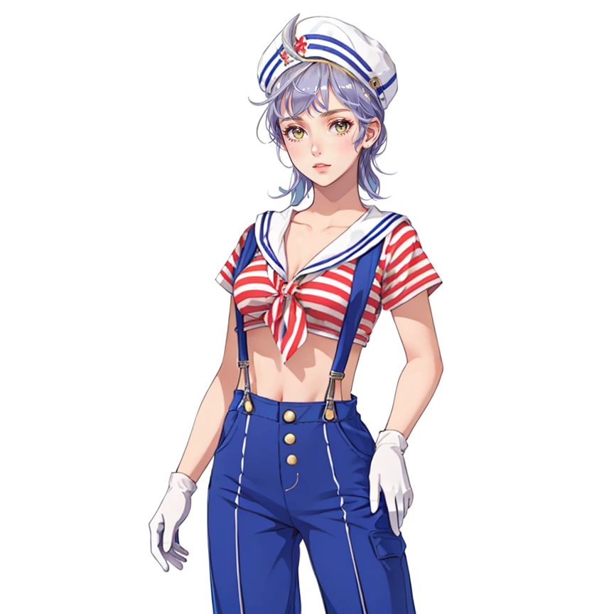 1girl, solo, (Caesar Cut with Fade:1.3), hud_rwb_s4ilor, hat, gloves, overalls, striped crop top, pants, suspenders, sailor hat, sailor, <lora:rwbsail15-000009:0.8>, ship