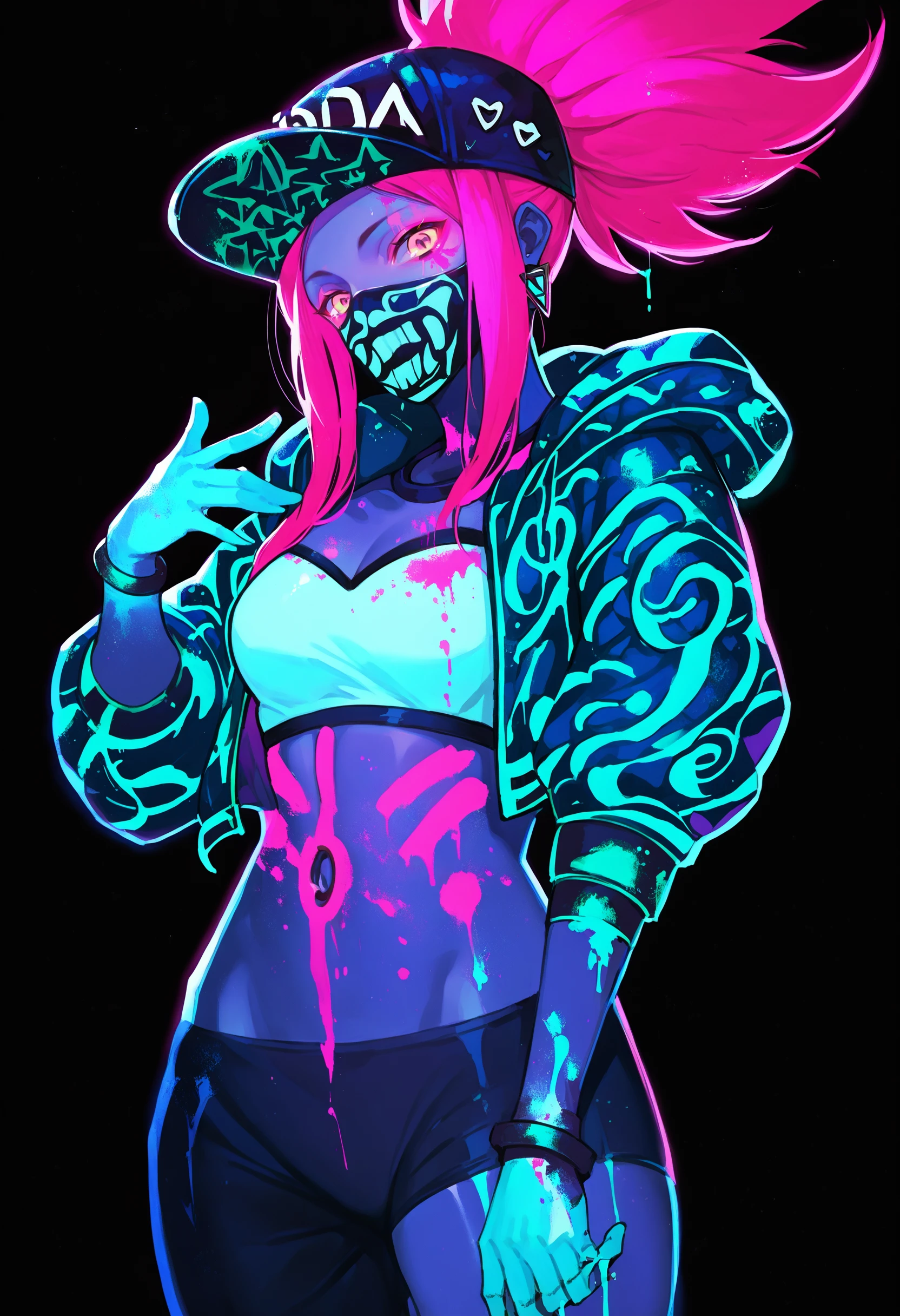 score_9, score_8_up, score_7_up, score_6_up, source anime,
ultraviolet, 1girl, solo, paint splatter, bodypaint, black background, glowing skin, backlighting, looking at viewer,
k/da akali, mask
<lora:ultraviolet_raver_reg_v10:1>