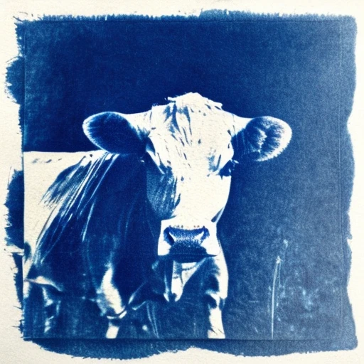 cyanotype, a cyanotype of a cow in the field  <lora:Cyanotype_V3-03:1>