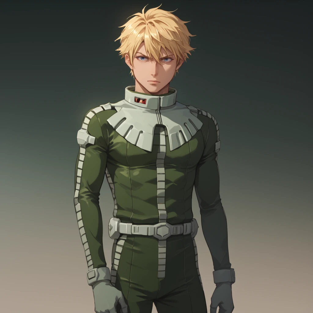 score_9, score_8_up, score_8, solo, adult, <lora:Zeon_Pilot_Mobile_Suit_Gundam_Pony_SDXL:1>, zeon pilot, green flight suit, 1 man, standing, blonde hair