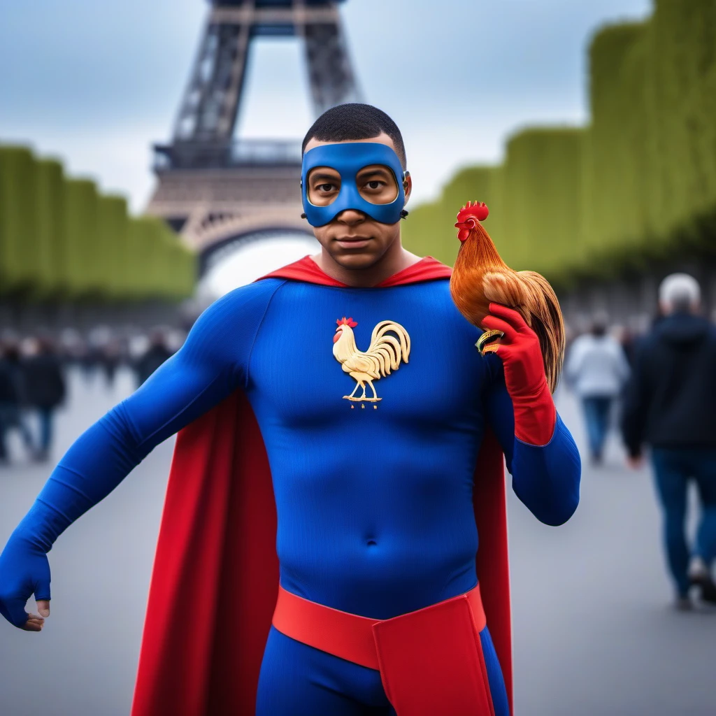 cinematic photo a full body portrait a superhero wears a mask and a blue bodysuit and a red cape, holds a rooster on his arm, in front of the eiffel tower <lora:MaskedMbappe1024:0.8> . 35mm photograph, film, bokeh, professional, 4k, highly detailed