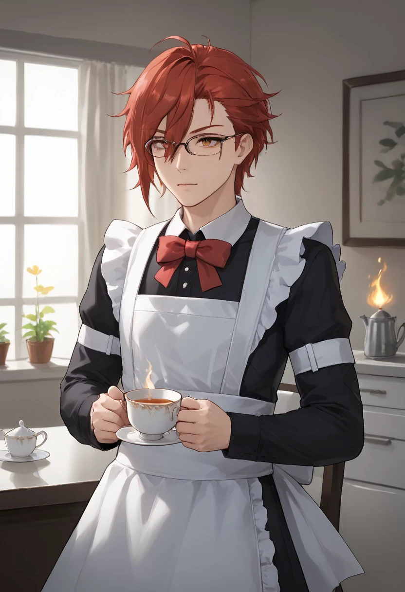 mortefi, red hair, eyeglasses,
1boy, solo, crossdressing, maid dress, apron, hair bow, upper body, fire on the background, l0ngm41d, long sleeves, bow, apron, maid, frilled apron, sits on the window, teacup, tea, cute