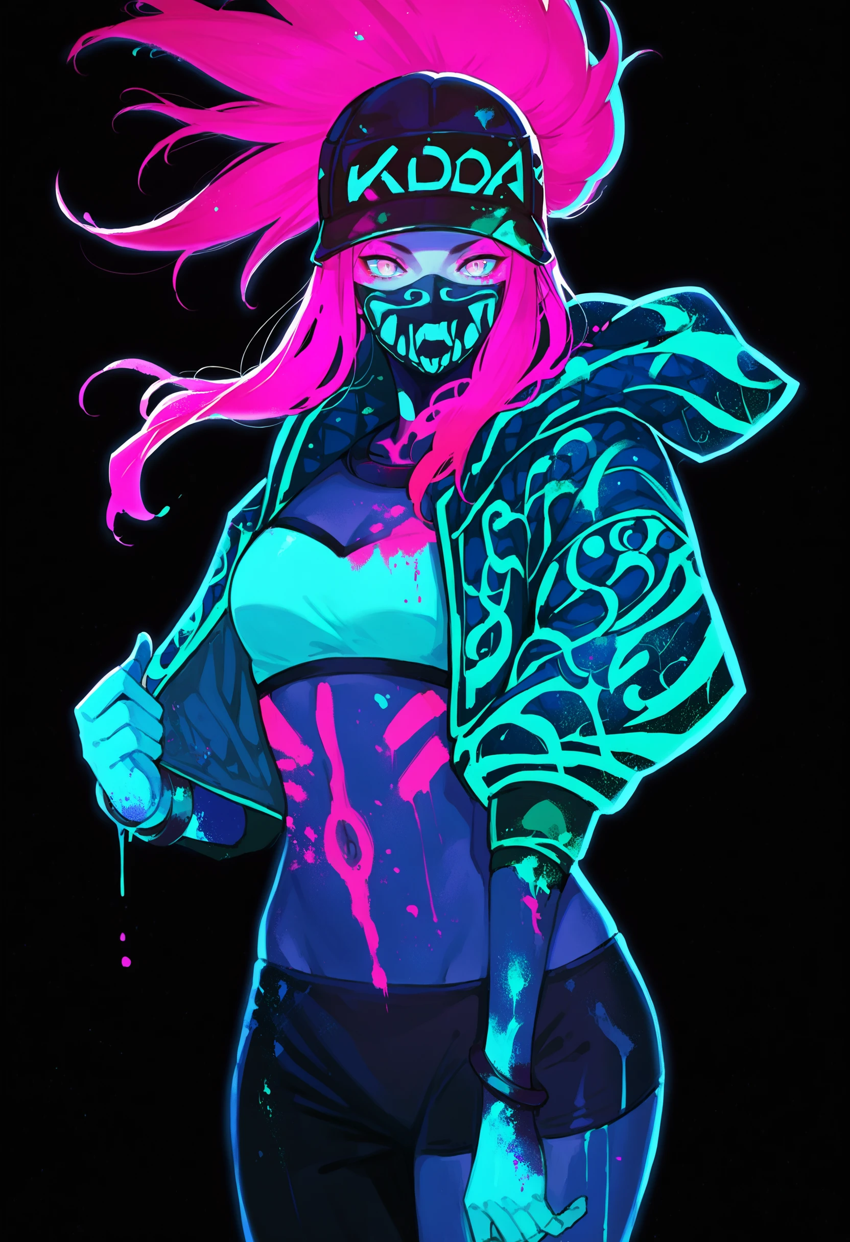 score_9, score_8_up, score_7_up, score_6_up, source anime,
ultraviolet, 1girl, solo, paint splatter, bodypaint, black background, glowing skin, backlighting, 
k/da akali, mask
<lora:ultraviolet_raver_reg_v10:1>