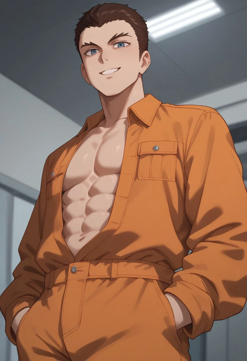 score_9, score_8_up, score_7_up, source_anime, rating_questionable, Suzumob, 1boy, male focus, blue veins, topless male, smile, orange jumpsuit, hands in pocket, indoors blurry studio, from below, looking down at viewer, get some of this prisoner >.>?????