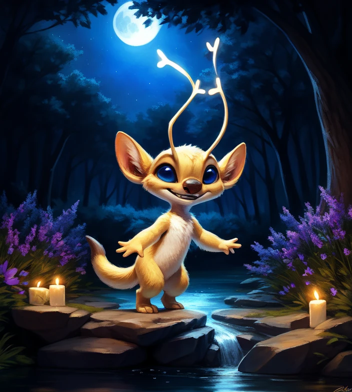 <lora:SparkyExpLilStitN:1>  SparkyExpLilStitN, (  blue eyes, antennae, tail, yellow fur, solo,  ), [ forest, grass, night, stars, lake, waterfall, clear water, evening, moon shining, reflection in water, clouds, flowers, blanket, blue pillows, candles, bed, pillows, ],
(beautiful, aesthetic, perfect, delicate, intricate), masterpiece, digital drawing, best quality,    (walking ) smile
by ulitochka, by taran fiddler, by Silverfox5213, by personalami,