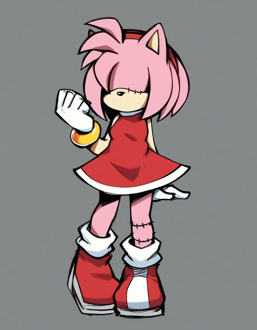 amy_alt, 1girl, solo, short hair, simple background, gloves, dress, animal ears, bare shoulders, closed mouth, standing, full body, pink hair, sidelocks, hairband, small breasts, sleeveless, shiny, white gloves, hand up, bracelet, sketch, sleeveless dress, short dress, red dress, black background, shaded face, furry, arm at side, furry female, red hairband, hair over eyes, body fur, straight-on, animal nose, two-tone fur, pink fur, no mouth, amy_rose,sleft side stitches, stichdd arms, stiched legs,
