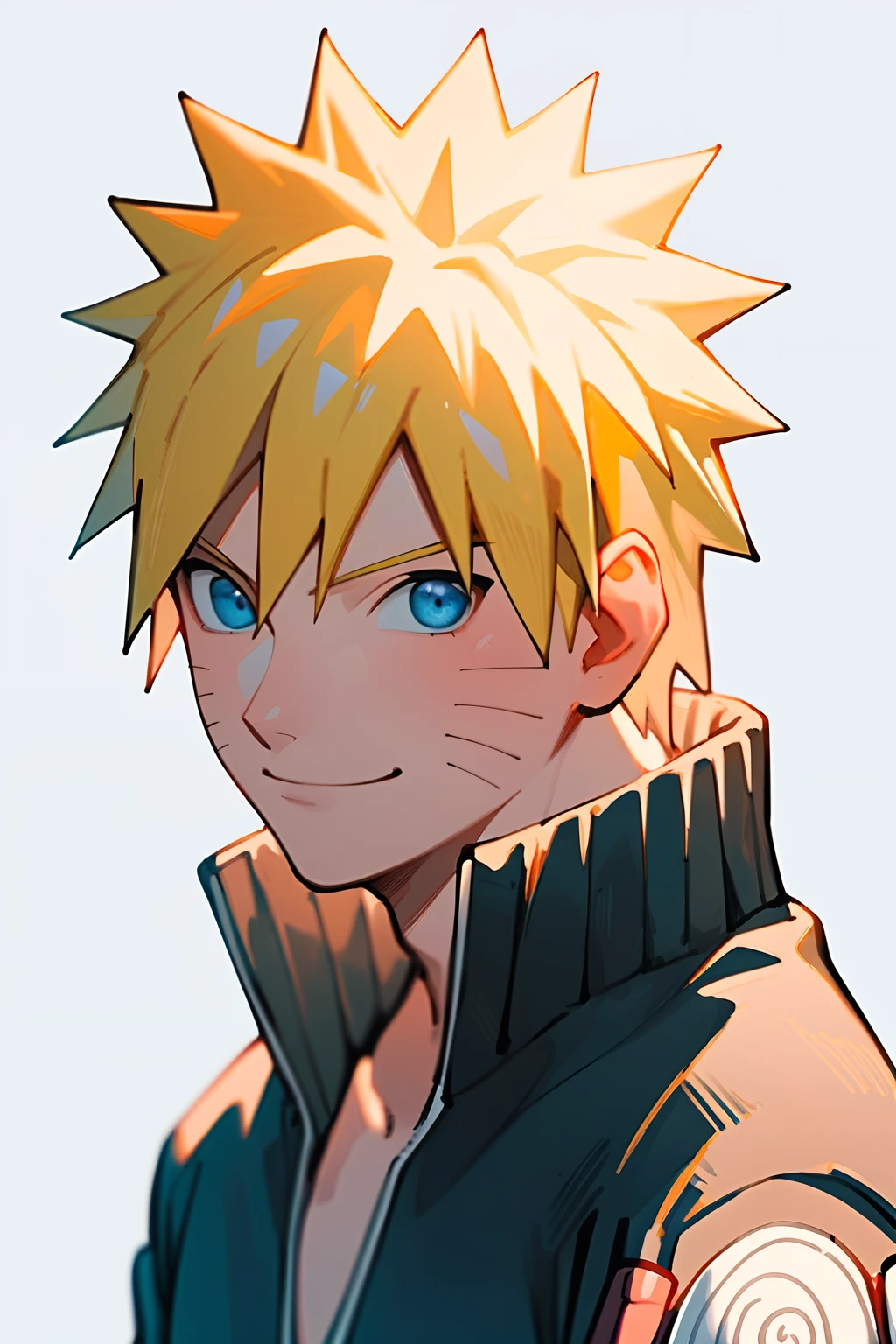 score_9, score_8_up, score_7_up, source_anime, detailed, novel illustration, wallpaper, beautiful details, naruto uzumaki, 1boy, male focus, blue eyes, whisker markings, blonde hair, short hair, spiked hair, jacket, smile, closed mouth, looking at viewer, portrait, white background