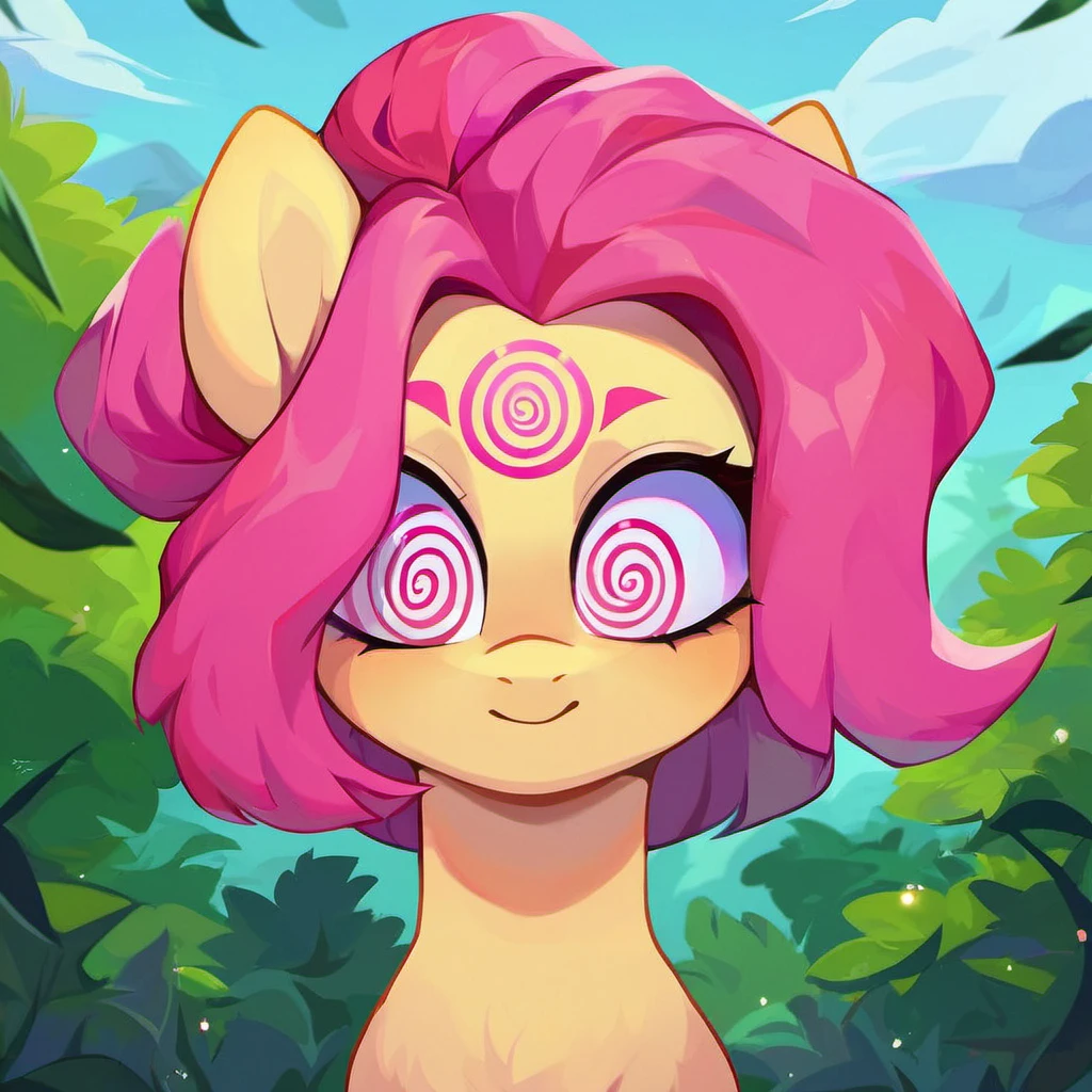 pink dot on forehead, pony, score_9, outdoors, pink spiral on forehead <lora:dot_on_forehead_01:0.2>