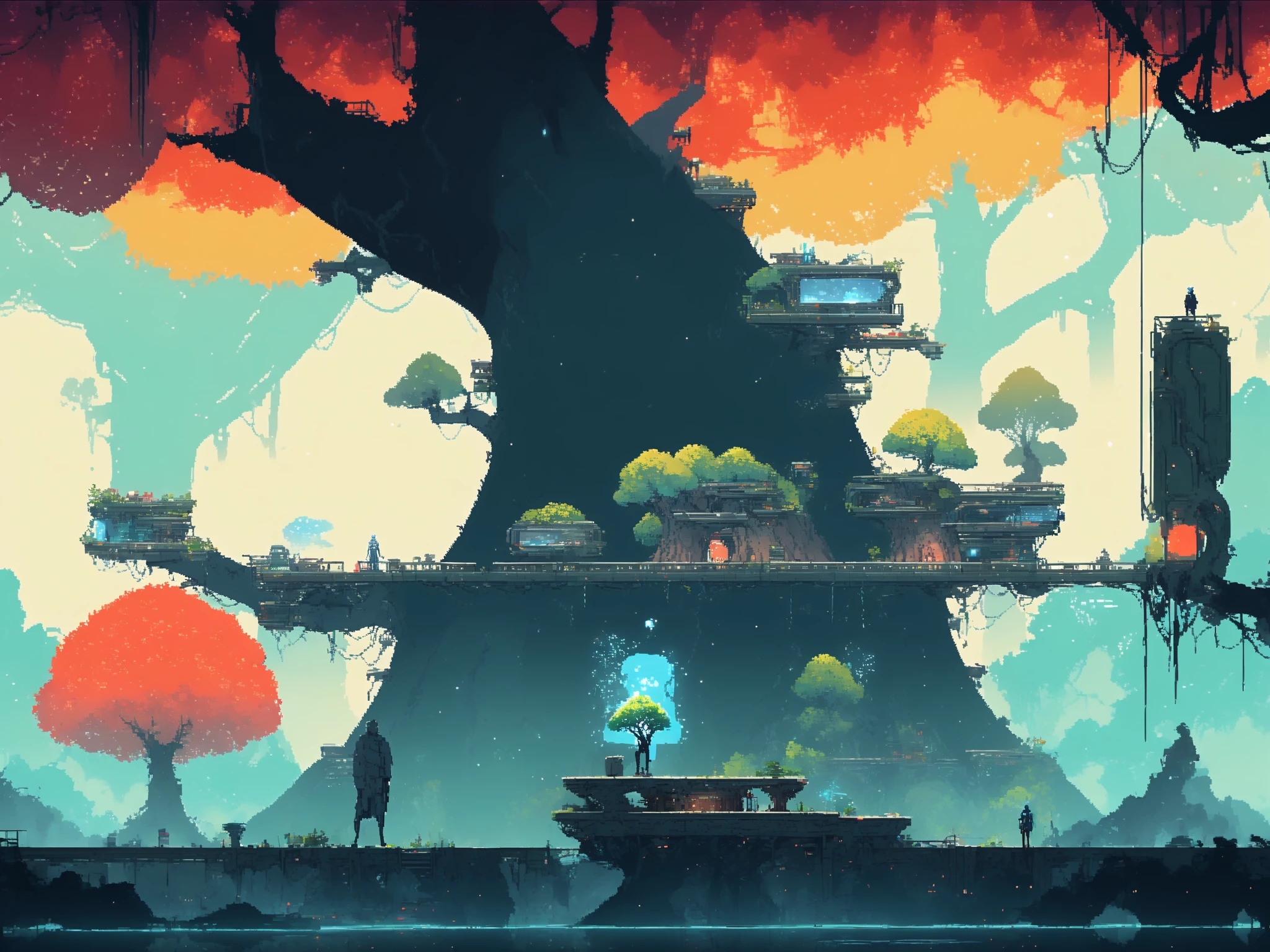 NH2D,  a scene of a futuristic city with a giant tree and a man standing on a platform in the middle of the picture,<lora:2dmap:1>