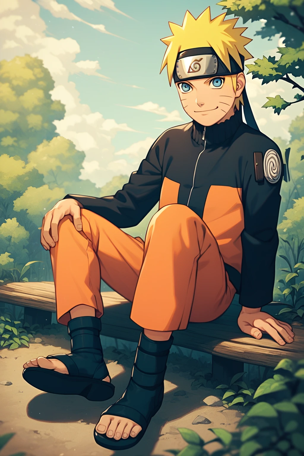 score_9, score_8_up, score_7_up, source_anime, detailed, wallpaper, novel illustration, beautiful details, naruto uzumaki, 1boy, male focus, smile, looking at viewer, blonde hair, forhead protector, konohagakure symbol, whisker markings, blue eyes, jacket, orange pants, sandals, toeless footwear, sitting, outdoors,