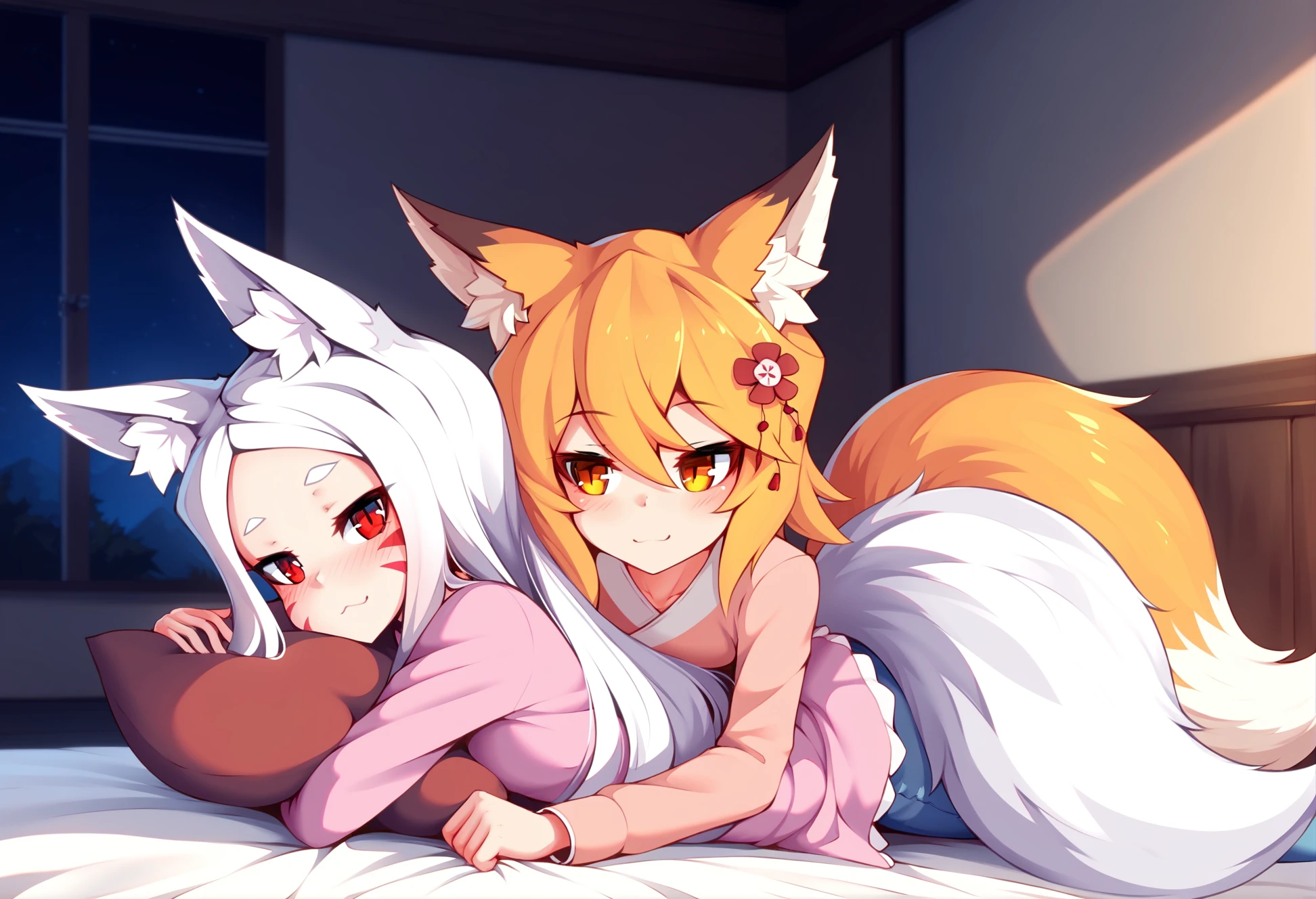 by merrytail, by sub-res, by foxykuro, masterpiece, best quality,
2girls,
shiro \(sewayaki kitsune no senko-san\), fox girl, fox ears, fox tail, with white hair, red eyes, whisker markings,  senko \(sewayaki kitsune no senko-san\), fox girl, blonde hair, hair flower, pink pajamas, blue pajamas, hugging, :3, on stomach,all fours, lying on person,
indoors, bedroom, night, on bed