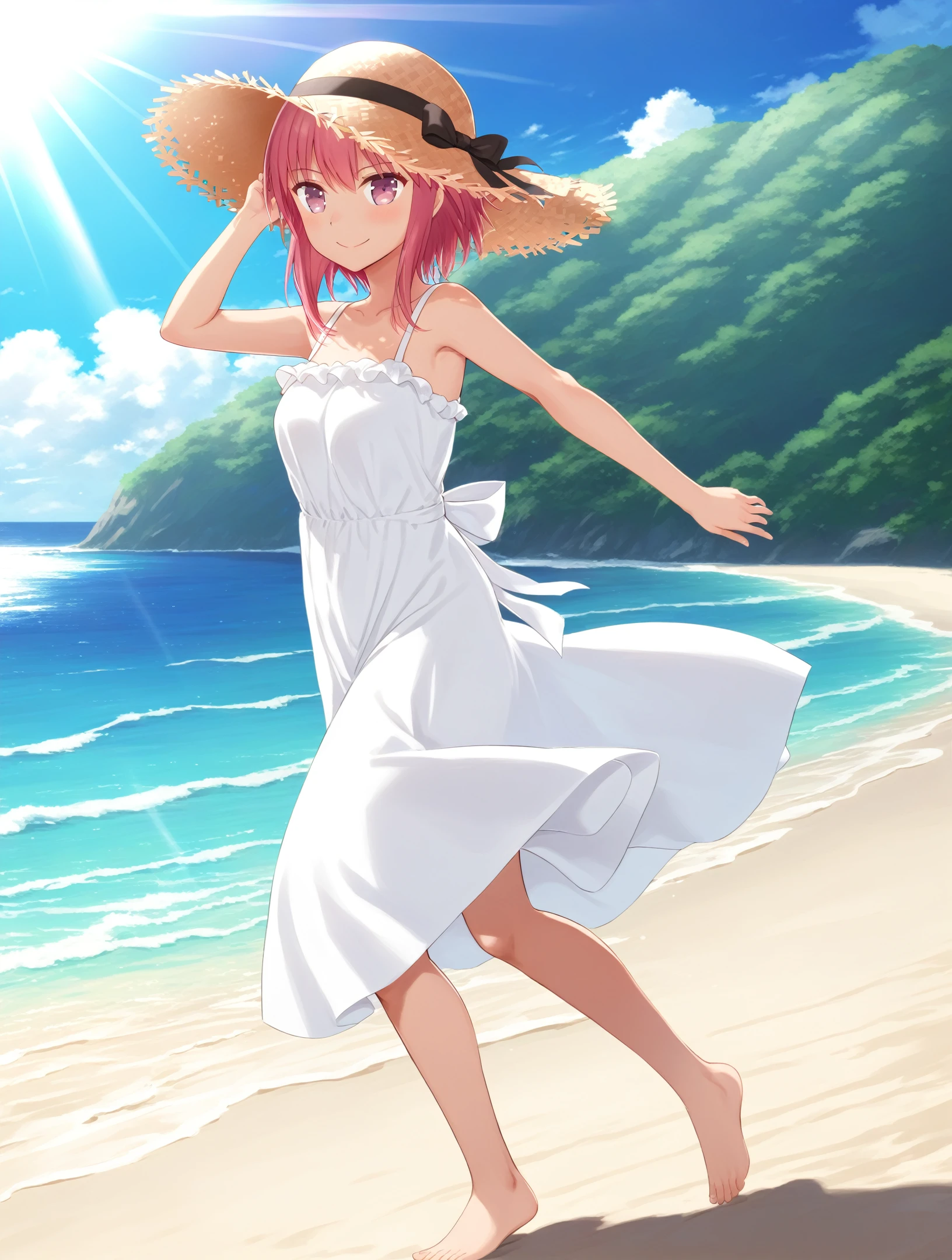 masterpiece, best quality,
1girl,solo,
 happy,closed mouth, 
 <lora:hinori-Kakuriyo.sfw.sdxl.v2:0.65> hinorikakuriyo, pink hair, pink eyes,
white dress,
beach, light smile, happy, closed mouth,  light rays, beach, ocean, blue sky,
straw hat,
arms up, (running), from side, 
barefoot,