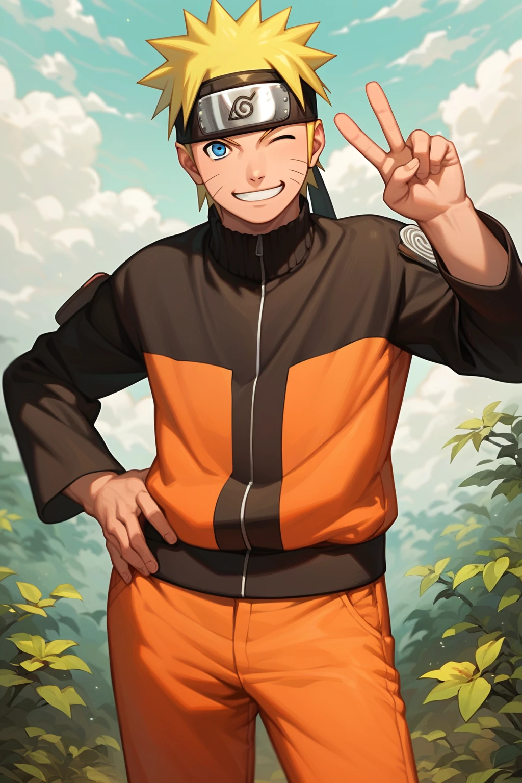 score_9, score_8_up, score_7_up, source_anime, detailed, novel illustration, wallpaper, beautiful details, naruto uzumaki, 1boy, male focus, smile, grin, one eye closed, looking at viewer, blonde hair, forhead protector, konohagakure symbol, whisker markings, blue eyes, jacket, orange pants, standing, hand on hip, hand up, peace sign, outdoors, nature, aesthetic,