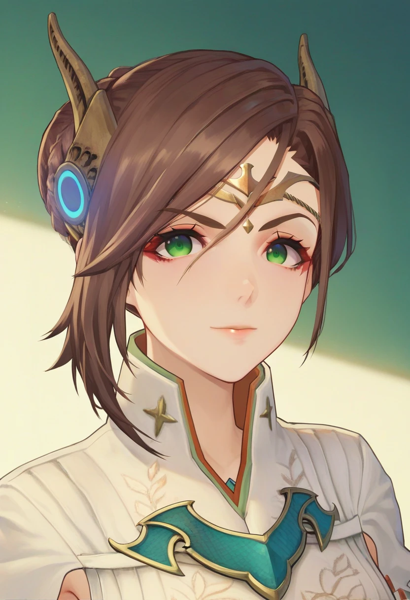 score_9, score_8_up, score_7_up, 1girl, solo, portrait, upper body, military uniform, white shirt, braided bun, circlet, hair ornament, green eyes, short hair, alexandria, looking at viewer, simple background<lora:alexandria xl 004 fro 995:1>