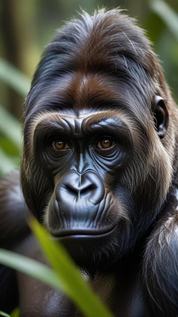 (b3yond_DolbyVision_vibrant_summer_shot_style1_masterpiece:1.4)  | |  | Gorilla's face close-up with deep brown eyes and rain-soaked fur against a dense jungle backdrop | 