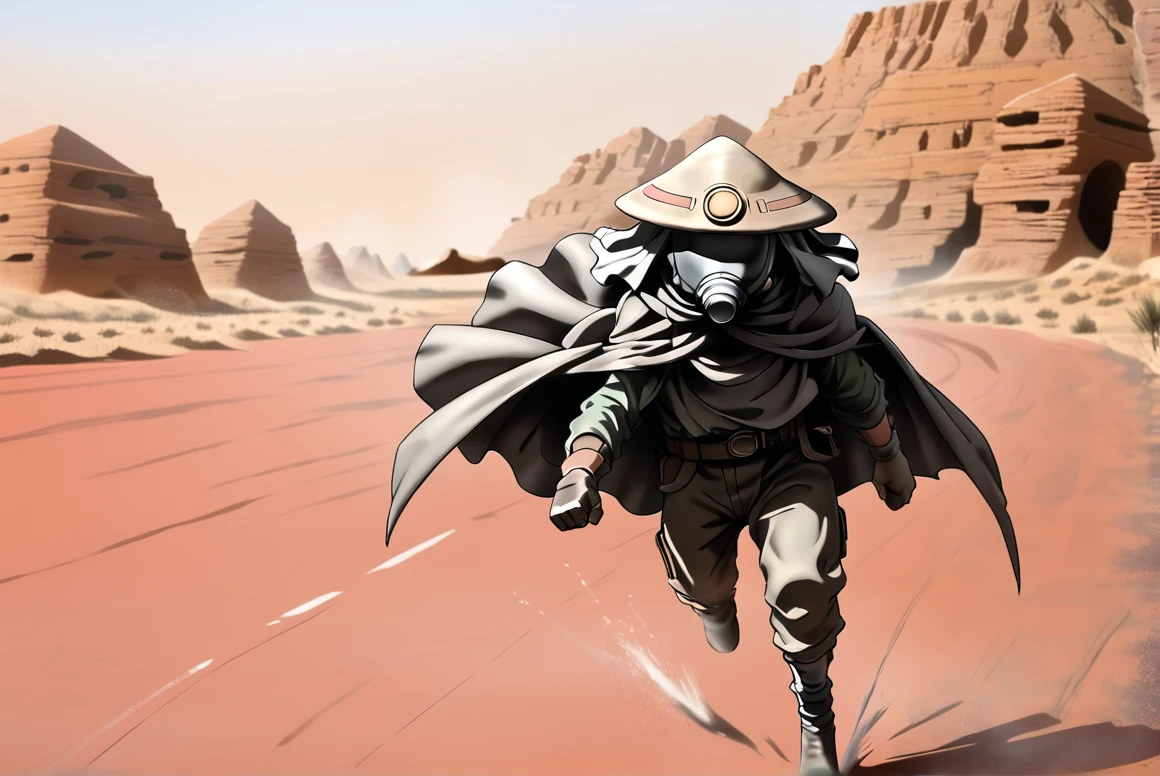 score_9, score_8_up, score_8,    <lora:Kanta_SunabozuDesert_Punk_for_PonyXL:0.8> 1boy, k4nt4, hat, mask, cape, gloves, reflective mask, running, desert,