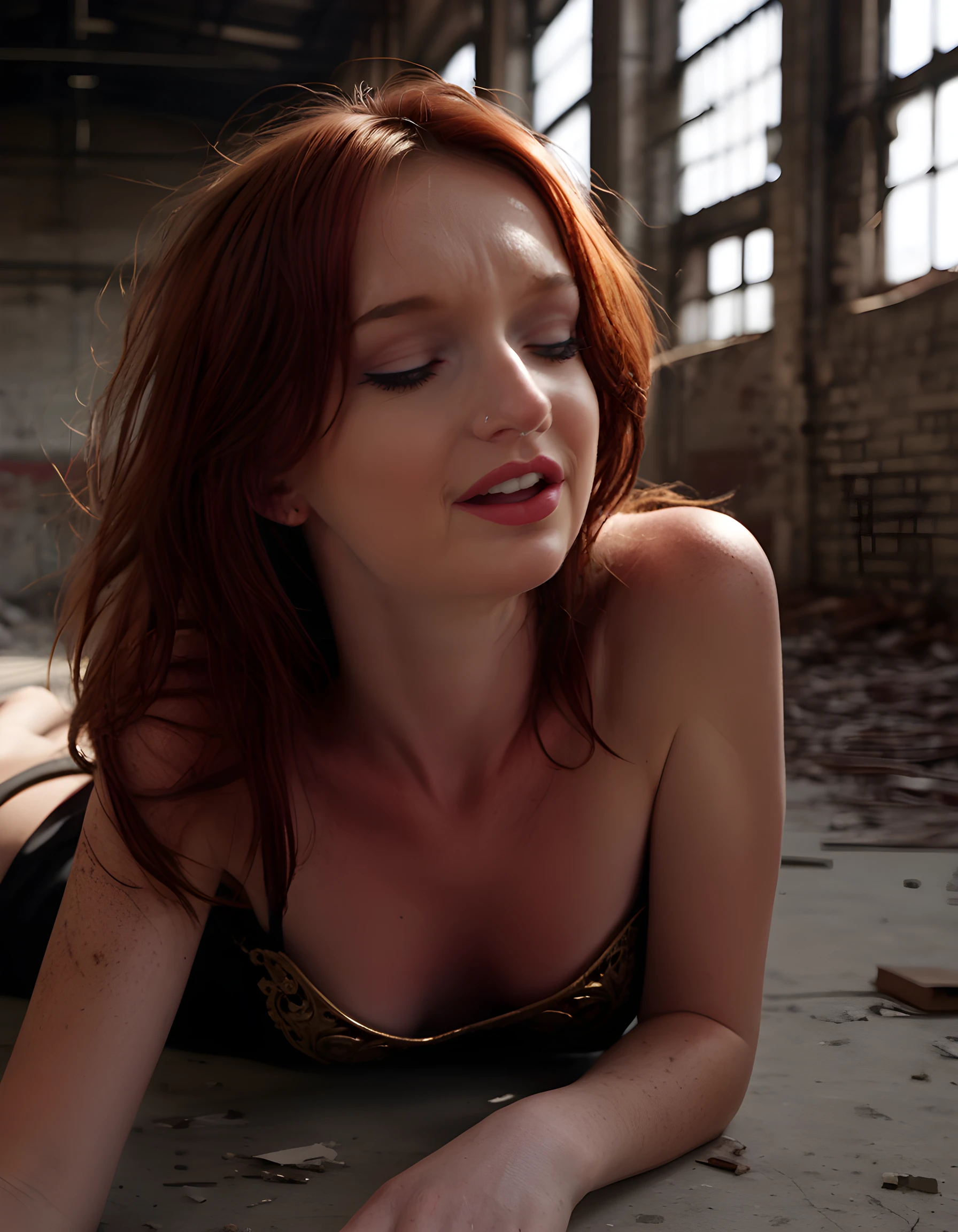 A striking close-up image captures Melanie Marie, a woman with auburn hair cascading down her bare shoulders, lying on her stomach in an abandoned warehouse, her closed eyes half concealed by the fall of her long bangs. Her mouth is slightly open, revealing perfect teeth glinting under the dim, industrial light that filters through broken windows. The camera angle is low and tilted, focusing solely on Melanie's expressive face and the delicate curve of her high cheekbones. Her outfit is a striking blend of vintage and modern, with a red 1950s-inspired pencil skirt hiked up to reveal toned legs, and a sleek black crop top adorned with intricate gold filigree detailing. The background shows the gritty textures of the warehouse's aged brick walls and rusty metal beams, casting long shadows on Melanie's body. The emotional tone is one of quiet intensity, capturing a moment of stillness amidst the chaos and decay that surrounds her.