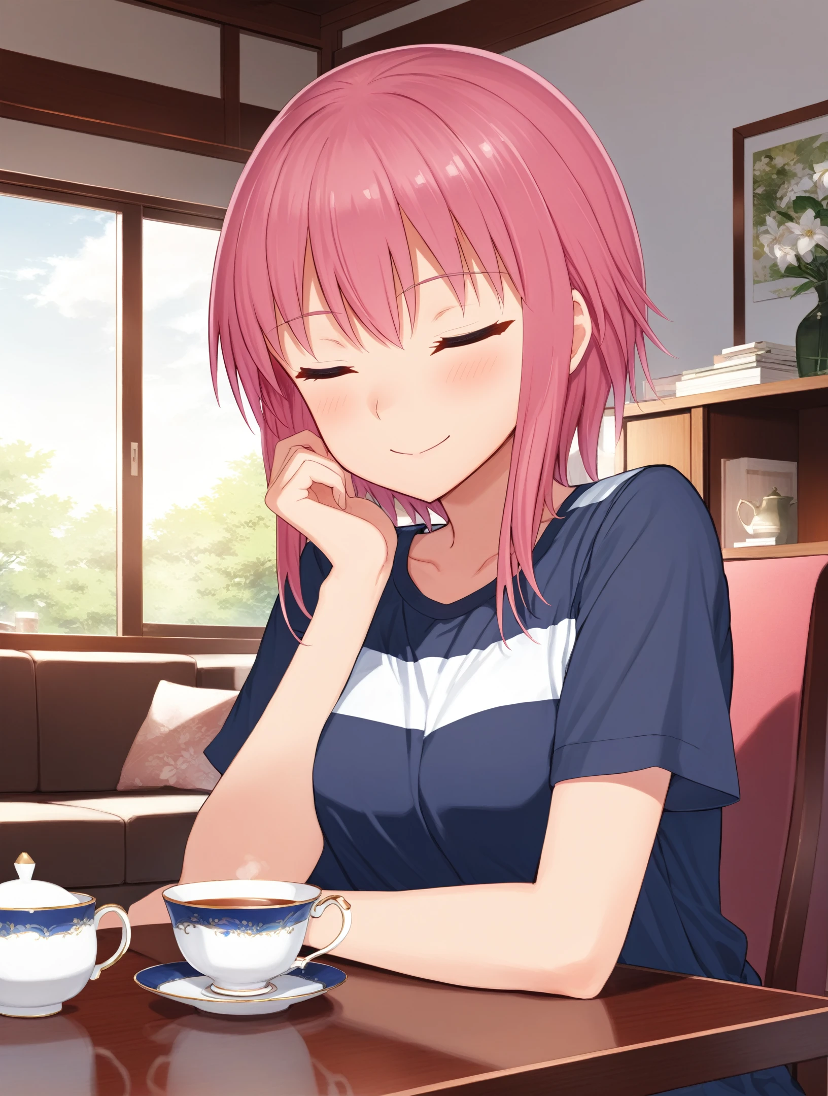 masterpiece, best quality,
1girl,solo,
 happy,closed mouth, 
 <lora:hinori-Kakuriyo.sfw.sdxl.v2:0.6> hinorikakuriyo, pink hair, pink eyes,
living room,
 sitting,  table, teacup, lazy, closed eyes, white shirt ,blue shirt, striped,