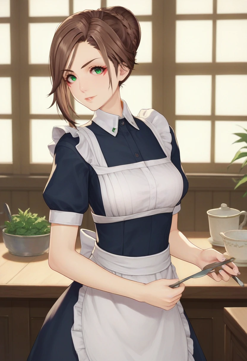 score_9, score_8_up, score_7_up, 1girl, solo, maid, dress, apron, green eyes, braided hair bun, short hair, alexandria, looking at viewer, simple background, indoors<lora:alexandria xl 004 fro 995:1>