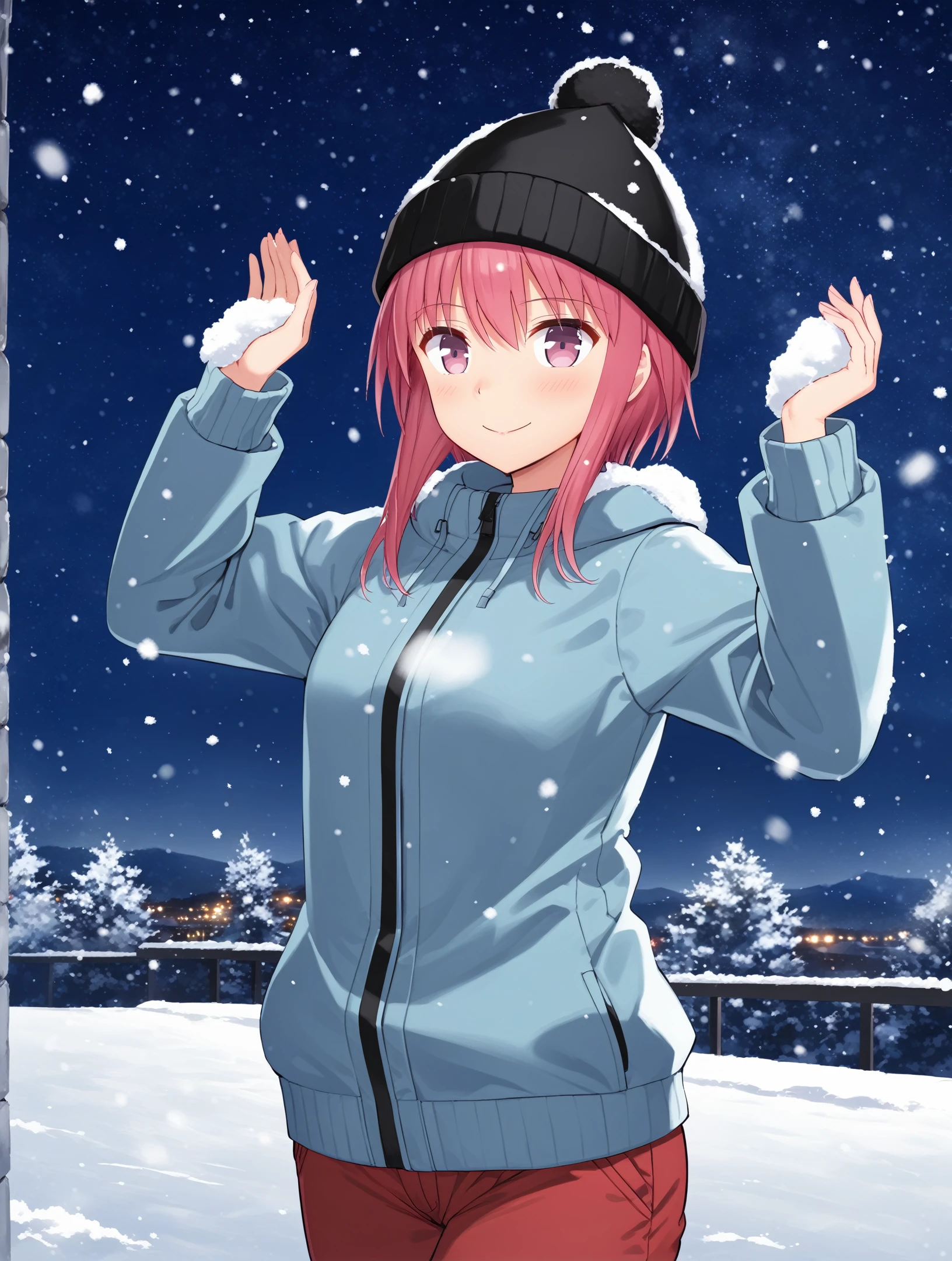 masterpiece, best quality,
1girl,solo,
 happy,closed mouth, 
 <lora:hinori-Kakuriyo.sfw.sdxl.v2:0.6> hinorikakuriyo, pink hair, pink eyes,
winter, snow, blue jacket, black headwear, 
outdoors, snowing, (looking up), hands arms up, hands up,   raised arms, catching snow,
red pants,
night, dark sky, stars,