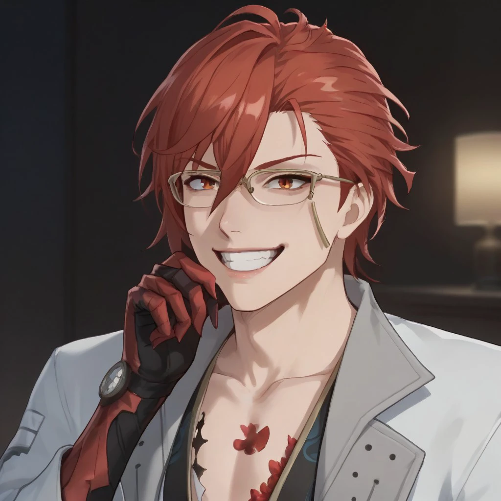 mortefi, red hair, eyeglasses, white robe,
1boy, solo, laughing, crazy smile, mad professor