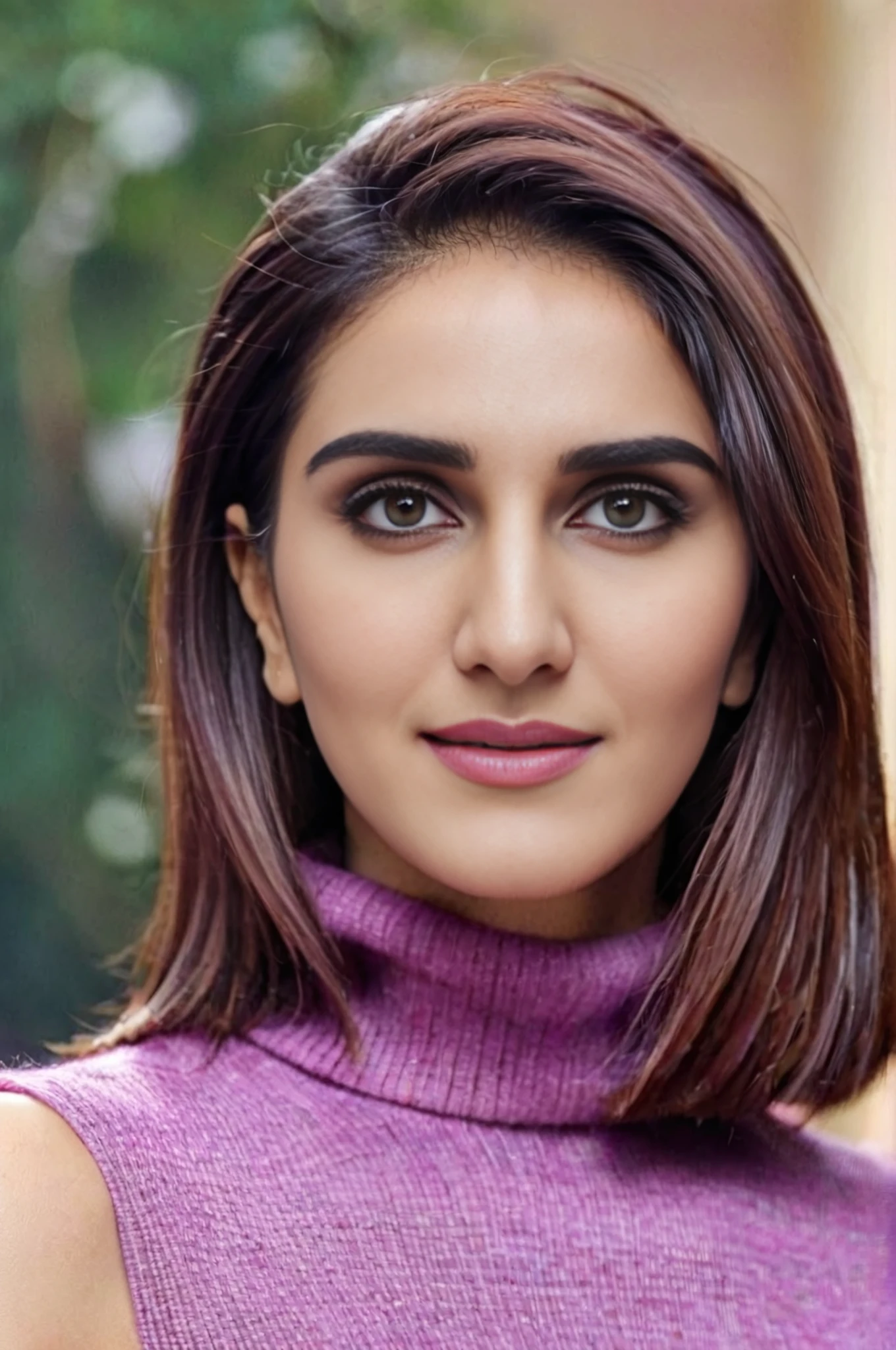 upper body photo of vaani kapoor woman, solo, bob hair cut, , looking at the camera,  Mauve sleeveless turtleneck, , contrasting background bokeh,  <lora:Vaani_Kapoor_SDXL_LoRA_prodigy_local_xformers_HNE:1>