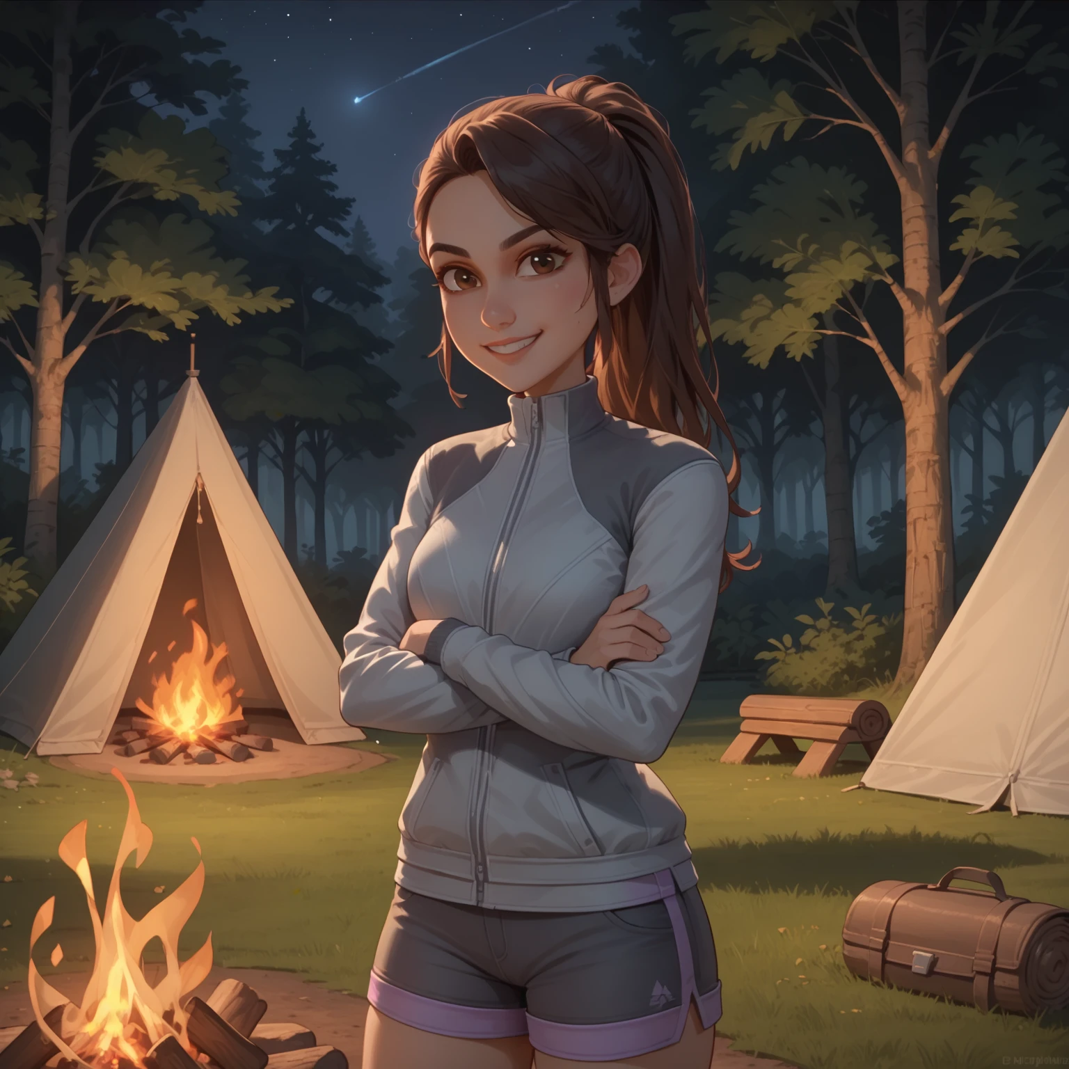 score_9, score_8_up, score_7_up, score_6_up, <lora:Yasmina Fadoula - Jurassic World Camp Cretaceous-000070:1>, 1girl, solo, Yazmina, long hair, ponytail, brown hair, brown eyes, jacket, shorts, outdoors, campfire, tent, tree, forest, night, crossed arms, cowboy shot, smile, looking at viewer, facing viewer,  <lora:add-detail-xl:1>