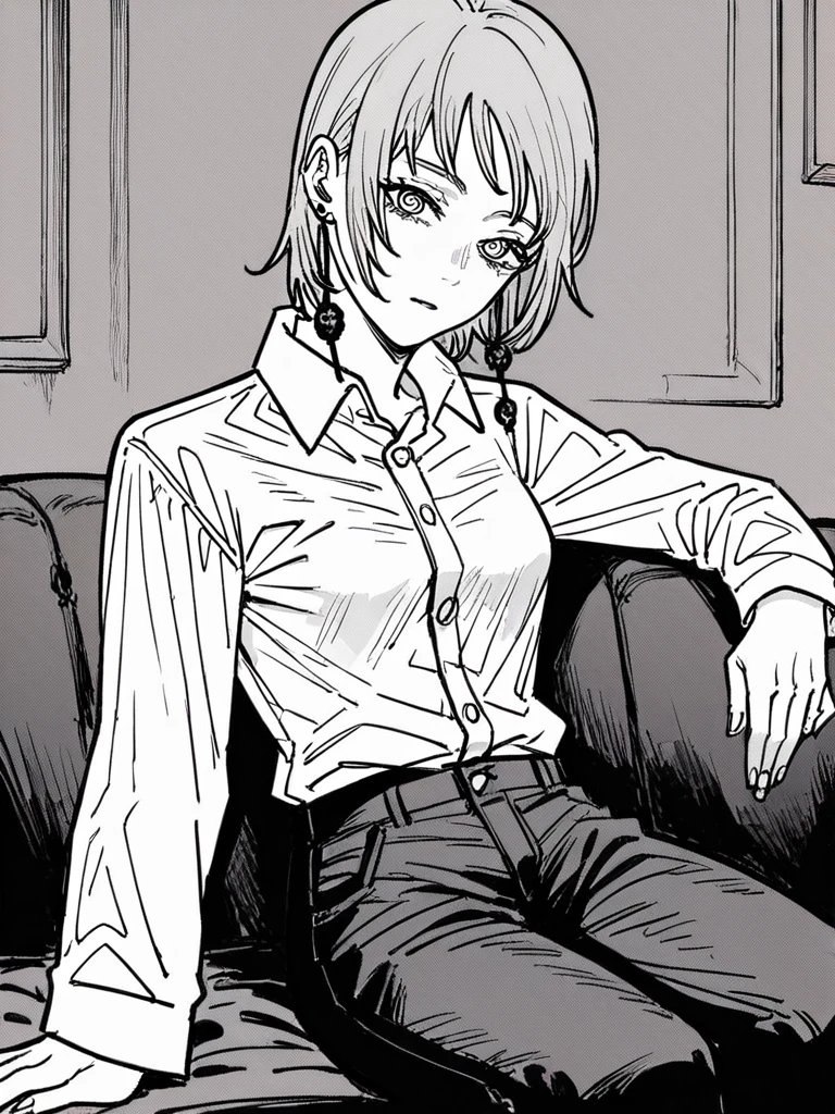 score_9, score_8_up, score_7_up, 
1girl, monochrome, fami csm, ringed eyes, medium hair, long earrings, looking at viewer, expressionless, 

sitting, on couch, white shirt, collared shirt, long sleeves, black pants, unbuttoned,