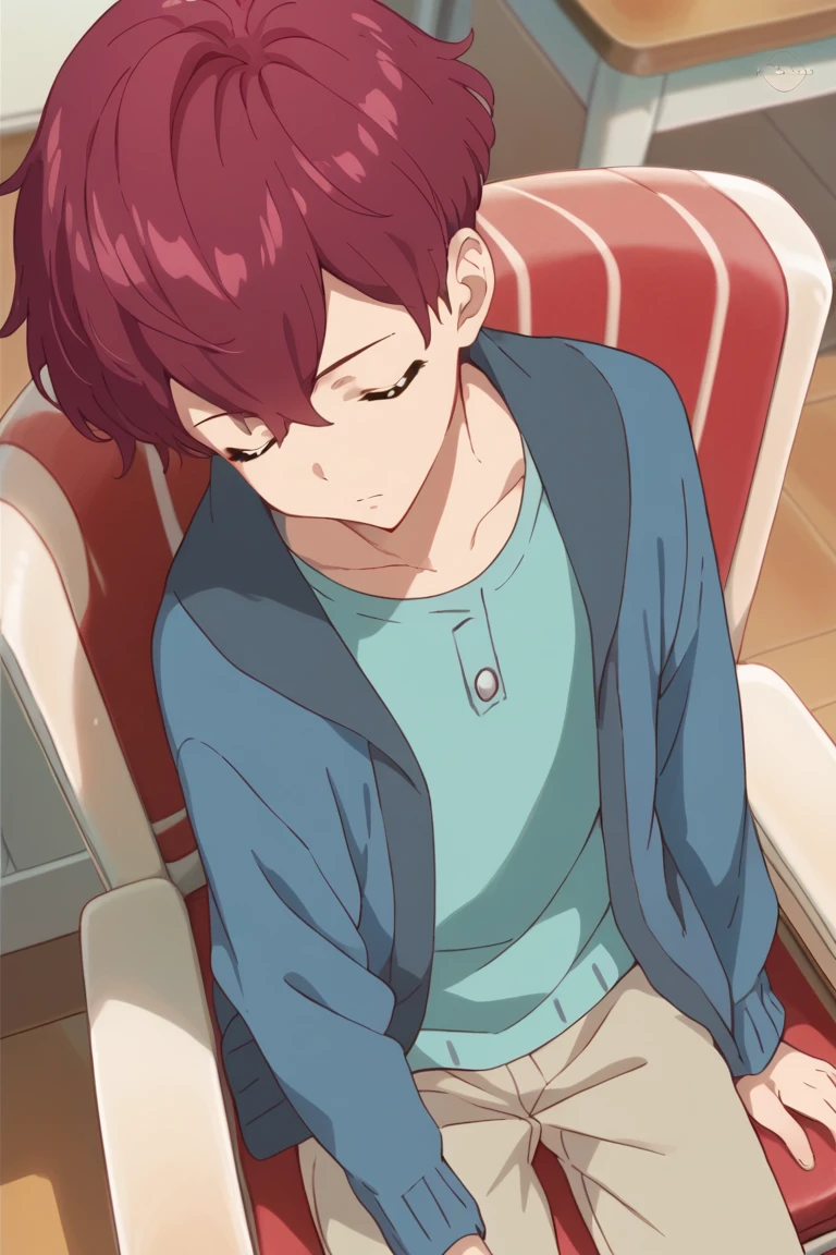 score_9, score_8_up, score_7_up, masterpiece, best quality, amazing quality, best aesthetic, ,absurdres,intricate details,male focus, solo
tsubasa sena, brown hair, blue eyes, blue jacket, blue shirt, solo, closed eyes, sleeping, short hair, 1boy, sitting, male focus, chair, anime coloring, hair between eyes, from above<lora:EMS-420060-EMS:1.000000>