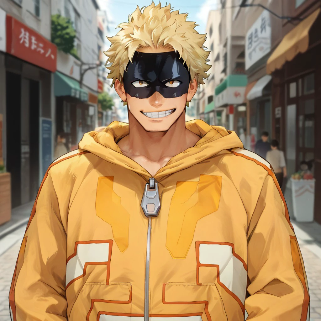 Taishiro_Toyomitsu, male, blond hair, mask, yellow jacket, score_9, score_8_up, score_7_up,  source_anime, street, upper body, front view, smile,