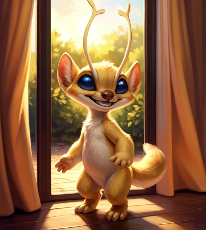 <lora:SparkyExpLilStitN:1>  SparkyExpLilStitN, (  blue eyes, antennae, tail, yellow fur, solo,  ),   [day, room , luxury room, children's room window, landscape outside the window, curtains, bed, pillows, light from the window], 
(beautiful, aesthetic, perfect, delicate, intricate), masterpiece, digital drawing, best quality,    (walking ) smile
by ulitochka, by taran fiddler, by Silverfox5213, by personalami,