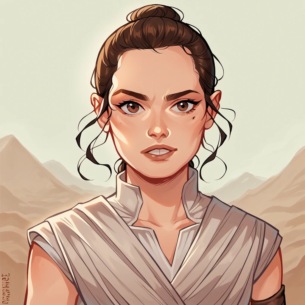 score_9_up, score_8_up, Rey, 1girl,  solo, brown hair, brown eyes, sleeveless, jedi, white cloth, <lora:ReySkywalker_PXL_Leaf2:1>,  looking at viewer,  portrait,