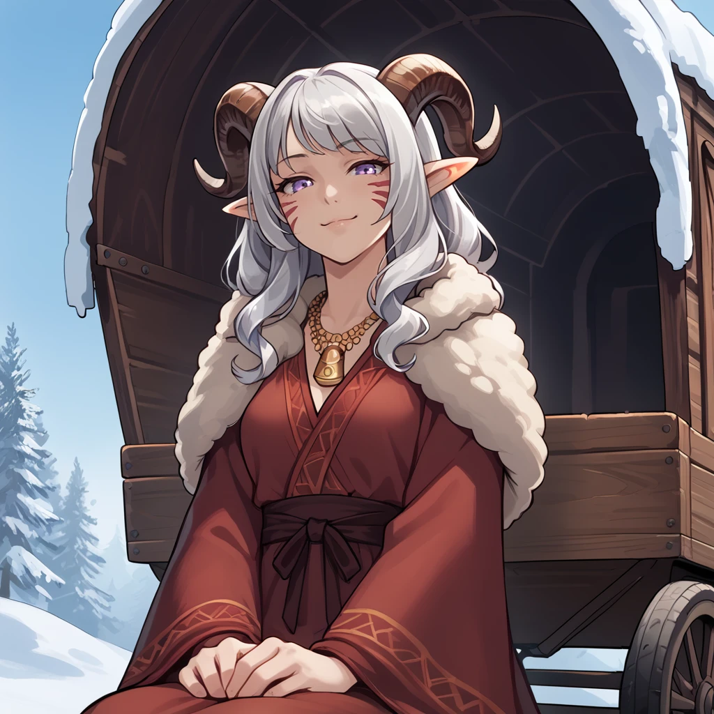 <lora:covered_wagon:0.8>big covered_wagon, on wagon, sitting, solo, small girl, horse,  from below,
 <lora:whisker_markings:0.8>red whisker_markings, scenery, winter, close up, source_furry, score_7_up, rating_safe, cowboy shot, gold necklace, tiefing, short pointed ears, brown horns, (a pair of brown sheep Horns that begin at her temples and curve back: 1.5), bangs, long silver hair long wavy hair, pale skin, short pointy ears, purple eyes, <lora:age_slider_v4:0.6>   medium breasts, skinny female, silver hair, <lora:Tieflingnew weird fantasyDND:0.3> Tiefling, pointed ears, horns, half-closed eyes<lora:Smooth Style 2 SDXL_LoRA_Pony Diffusion V6 XL:0.5> bell, fur coat robe, hood off, happy face