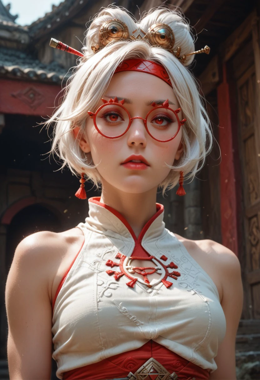 score_9, score_8_up, score_7_up, 
1girl, Purah (/The Legend of Zelda)/,(ultra HD quality details), pale skin, white hair, red eyes, short hair, hair bun, red glasses, hair ornament, hair stick, red headband, white shirt, bare shoulders, black skirt, red leggings, sleeveless, high heels, black shoes,
18 years old, looking up to the side, ready for action, medium breasts, fierce, determined, heavy make up, big red lips, colorful, beautiful face, from below, looking at viewer, standing with legs apart, expressiveH