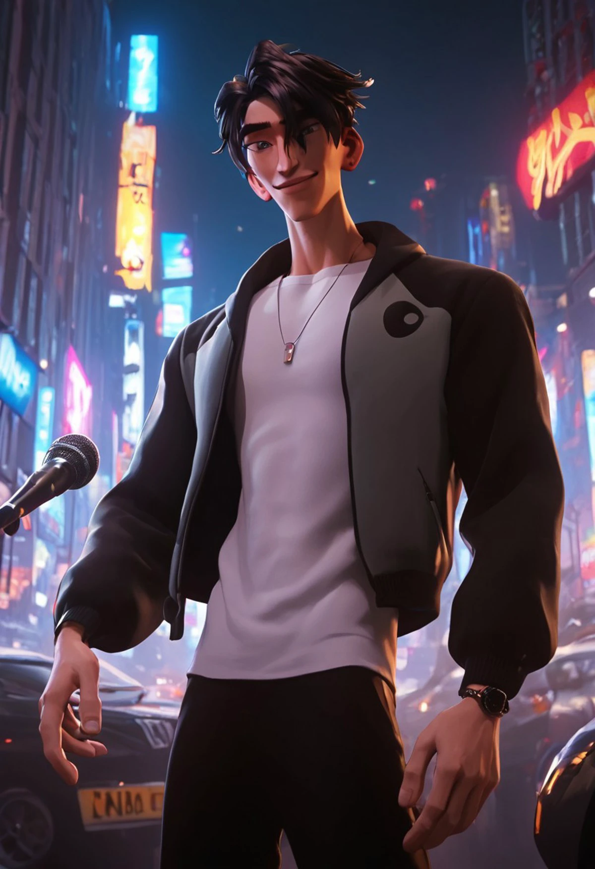 1boy, solo, male focus, toned male, black hair, messy hair, white tshirt, white top, black pants, tired, spiky hair, smile, happy, black costume jacket filled with sponsors, microphone, motor jacket, looking down, city view, city lights, motor vehicle in background, accessories, necklace, watch
standing, dark theme, intense shadow, shadow, intimidating
<lora:mondi_400r:1>, rating PG, score_9,score_8_up,score_7_up, male focus, Muscular, 
view from the bottom, random view, looking at viewer, dark background,