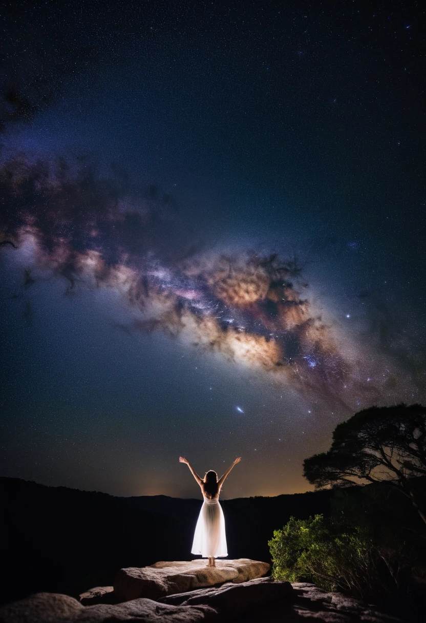 a breathtaking night sky filled with countless stars. Dominating the scene is the Milky Way galaxy, which appears as a dense band of stars stretching across the sky. In the foreground, a woman with long hair is captured in a moment of awe, reaching out towards the vast expanse of the universe. She is wearing a white dress and stands on a rocky outcrop. The trees in the background add depth to the scene, and the overall ambiance is serene and ethereal